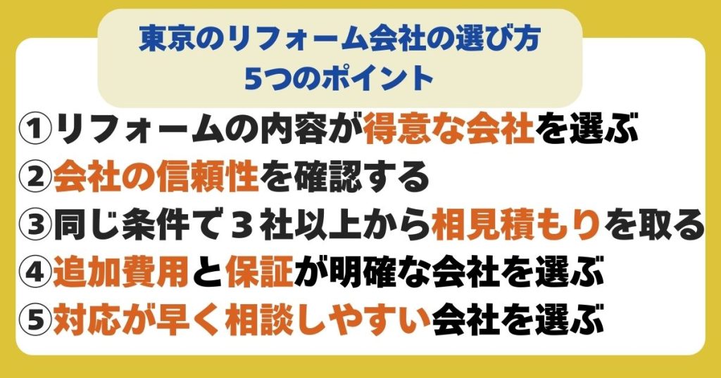 東京のリフォーム会社の選び方5つのポイントを解説した図